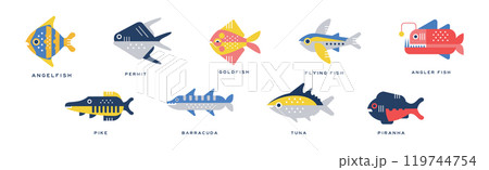 Different Fish Flat Icon with Name Vector Set Different Fish Flat Icon with Name Vector Set 119744754