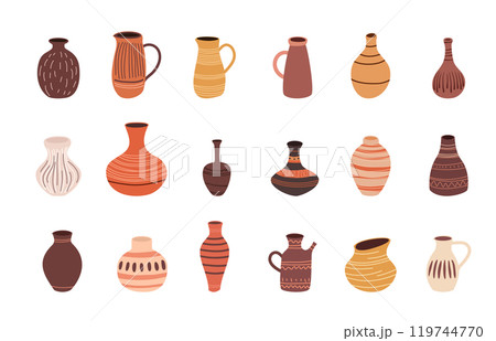 Cartoon Color Different Ceramic Vases Icons Set Concept Flat Design Style. Vector illustration of Decorative Pottery Vase Cartoon Color Different Ceramic Vases Icons Set Concept Flat Design Style. Vector illustration of Decorative Pottery Vase 119744770