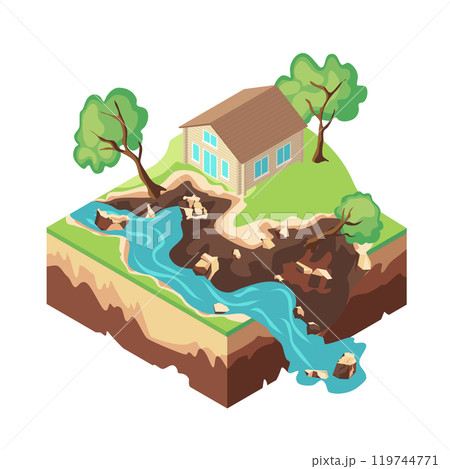 Cartoon Color Mudflow 3d Isometric View Natural Disaster Concept. Vector illustration of Landslide, Mud Stream and House Building Cartoon Color Mudflow 3d Isometric View Natural Disaster Concept. Vector illustration of Landslide, Mud Stream and House Building 119744771
