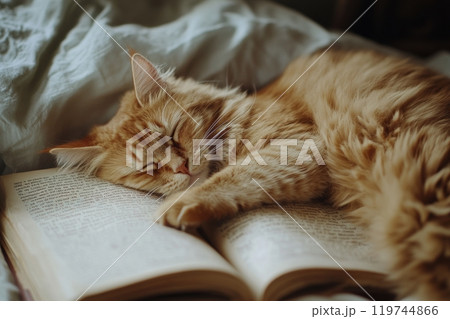 Ginger cat sleeping peacefully on open book in bed 119744866