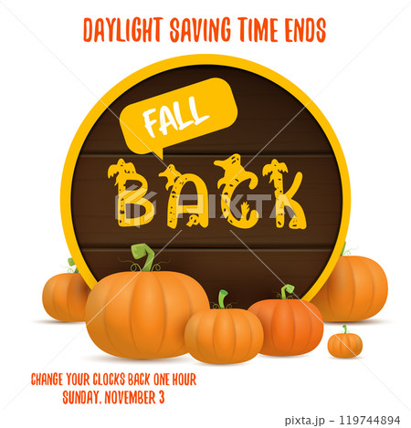 Fall Back 2024. Autumn Daylight saving time ends banner with pumpkins isolated on white background. Fall Back 2024. Autumn Daylight saving time ends banner with pumpkins isolated on white background. 119744894