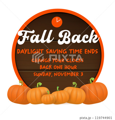 Fall Back 2024. Autumn Daylight saving time ends banner with pumpkins isolated on white background. 119744901