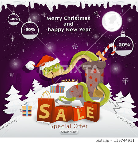 A Christmas sale banner with an inscription in the form of packages in a snowy clearing A snake in a Santa hat crawls out of a sock for gifts A Christmas sale banner with an inscription in the form of packages in a snowy clearing A snake in a Santa hat crawls out of a sock for gifts 119744911