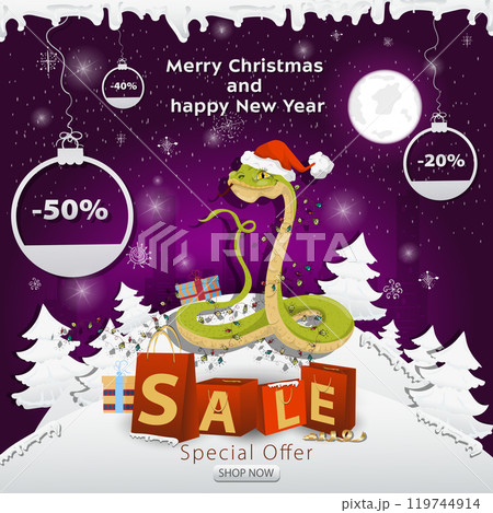 A Christmas sale banner with an inscription in the form of packages in a snowy clearing a snake in a Santa hat wrapped in a garland A Christmas sale banner with an inscription in the form of packages in a snowy clearing a snake in a Santa hat wrapped in a garland 119744914
