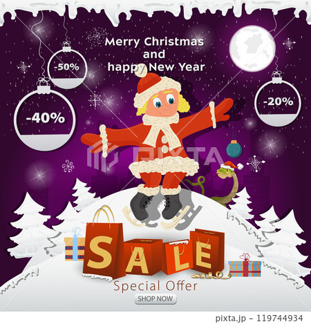 Banner Christmas sale inscription in the form of packages in a snowy clearing A girl in a Santa Claus costume on skates 119744934