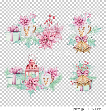 Watercolor set of Christmas arrangements - red lantern with Red poinsettia and holly green leaves, gift and mug, jingle golden bells isolated. Romantic retro style. Winter festive decor. Hand drawn 119744945
