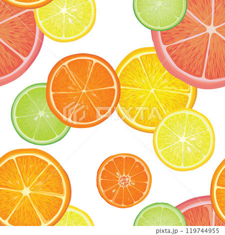 Fruits citrus pattern. Fresh slice orange, lemon, lime, grapefruit, mandarin pieces over white background. Realistic dessert food. Fruits citrus pattern. Fresh slice orange, lemon, lime, grapefruit, mandarin pieces over white background. Realistic dessert food. 119744955
