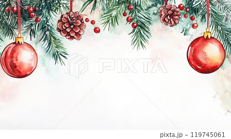 Christmas watercolor illustration with fir branches, Christmas balls and cones 119745061