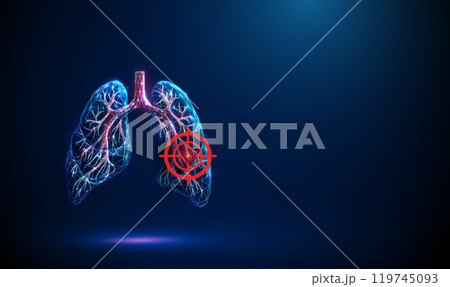 Abstract blue lungs with red human bronchial tree and red target sign. Lungs, bronchioles, trachea. Healthcare medical concept. Low poly digital futuristic style. Abstract blue lungs with red human bronchial tree and red target sign. Lungs, bronchioles, trachea. Healthcare medical concept. Low poly digital futuristic style. 119745093