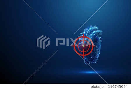 Abstract blue human heart with red target sign. Healthcare medical concept. Low poly digital futuristic style 119745094