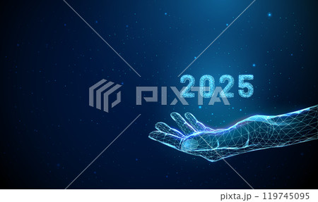 Abstract giving hand with number 2025. Low poly digital futuristic style design. Abstract giving hand with number 2025. Low poly digital futuristic style design. 119745095