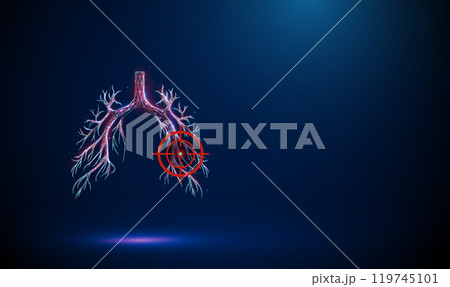 Abstract blue human bronchial tree with red target sign. Lungs, bronchioles, trachea. Healthcare medical concept. Low poly digital futuristic style. 119745101