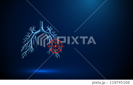 Abstract blue human bronchial tree with red target sign. Lungs, bronchioles, trachea. Healthcare medical concept. Low poly digital futuristic style. Abstract blue human bronchial tree with red target sign. Lungs, bronchioles, trachea. Healthcare medical concept. Low poly digital futuristic style. 119745108
