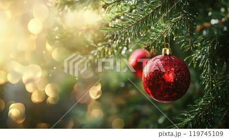 A sparkling red Christmas ornament hangs from a lush green pine branch, with warm, golden bokeh lights in the background 119745109