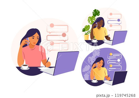 A woman works on a laptop computer and talks on the phone sitting at a table at home with a Cup of coffee and papers. Vector illustration. Flat. Set. 119745268