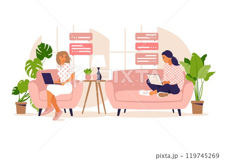 Vector illustration of freelance work. Girls work at the computer at home on the couch. Freelance or studying concept. Girls have a lot of work. Vector illustration of student studying at home. Flat. 119745269