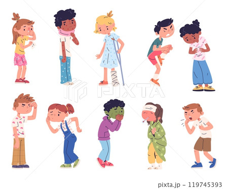 Cartoon sickness children. Sick kids with headache vomit cough toothache fever hurt broken leg, ills child pain coldness migraine boy girl kid characters classy vector illustration Cartoon sickness children. Sick kids with headache vomit cough toothache fever hurt broken leg, ills child pain coldness migraine boy girl kid characters classy vector illustration 119745393
