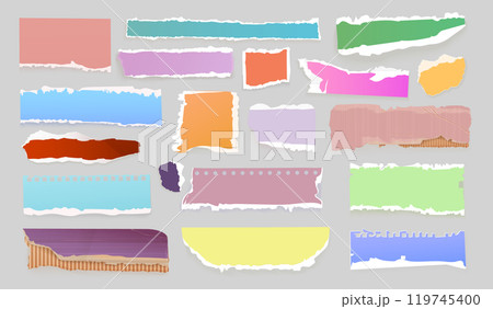 Realistic colorful torn notes. Colourful paper clipping, color scrap grunge uneven edge notebook newspaper ripped note cardboard tear sheet scrapbook page exact vector illustration 119745400