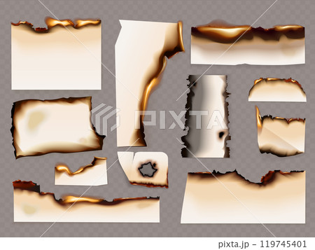 Paper burnt edges. Burn page border frame, burning ash stain realistic papers texture smoldering parchment torn rough edges fire effect scorched surface, exact vector illustration 119745401