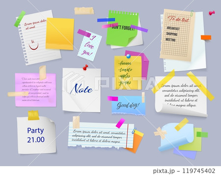 Realistic sticky notes. Paper note or torn memo stickers, bookmark notepad page school memory sheet bulletin notice on clip or pin message list set exact 3d vector illustration 119745402