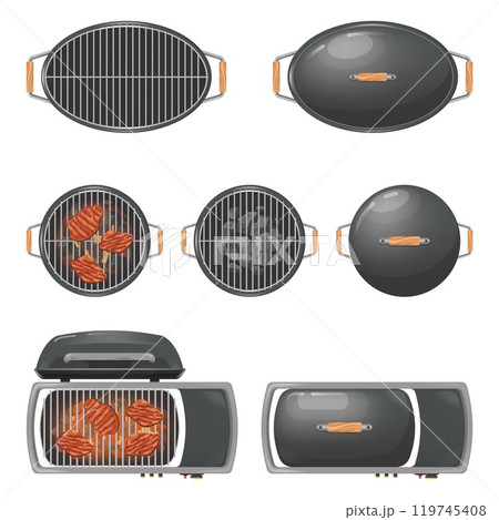 Grill top view. Isolated rounded bbq stove, empty round barbeque grills charcoal fire for cook meat outside summer picnic, coal brazier roaster oven swanky vector illustration Grill top view. Isolated rounded bbq stove, empty round barbeque grills charcoal fire for cook meat outside summer picnic, coal brazier roaster oven swanky vector illustration 119745408