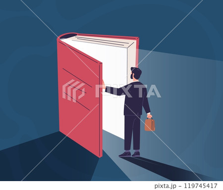 Businessman opening book. Business man open door in books, corporarte learning job education work literature leader wisdom expertise occupation studying concept vector illustration 119745417