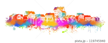 Colored city long panorama. hand drawing. Not AI. Vector illustration Colored city long panorama. hand drawing. Not AI. Vector illustration 119745940