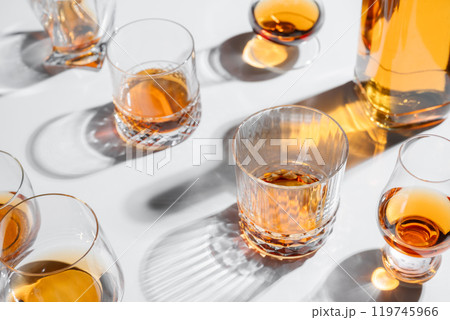 Top view of different shape glasses and bottle Top view of different shape glasses and bottle 119745966