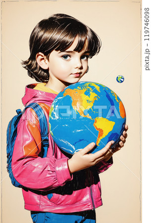 illustrative and conceptual representation of a happy child or adolescent holding the globe or planet earth, interest in the world and conservation, geography and different cultures - ai generated 119746098