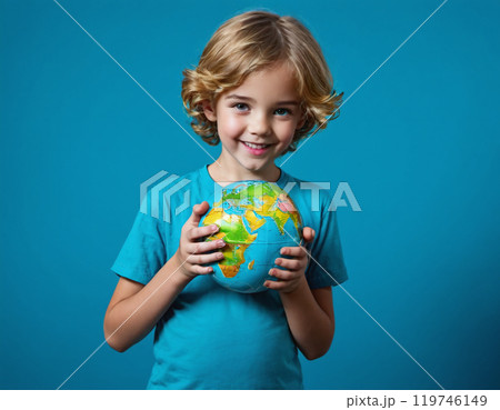 Picture of a happy child or adolescent holding the globe or planet earth, interest in the world and conservation, geography and different cultures 119746149