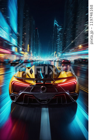 Conceptual sports car races very dynamically on a wide road in the city at night, speed rush 119746168