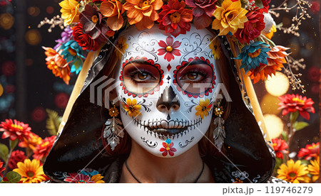 Woman in a scary costume on the day of the dead or dia de los muertos, which is celebrated in mexico in november Woman in a scary costume on the day of the dead or dia de los muertos, which is celebrated in mexico in november 119746279
