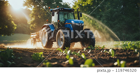A tractor for tilling the field stands on an agricultural field during the growing season to work the soil and care for the crops A tractor for tilling the field stands on an agricultural field during the growing season to work the soil and care for the crops 119746320