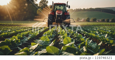 A tractor for tilling the field stands on an agricultural field during the growing season to work the soil and care for the crops 119746321