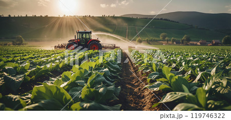 A tractor for tilling the field stands on an agricultural field during the growing season to work the soil and care for the crops 119746322