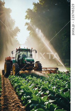 A tractor for tilling the field stands on an agricultural field during the growing season to work the soil and care for the crops 119746329