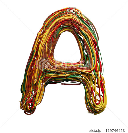 Vibrant Chaos: A Colorful Tangle of Wires Shaped Like an a 119746428