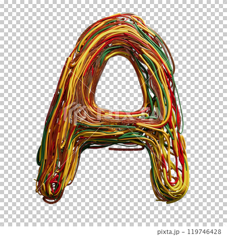 Vibrant Chaos: A Colorful Tangle of Wires Shaped Like an a 119746428