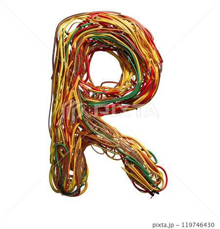 Vibrant Chaos: A Colorful Tangle of Wires Shaped Like an r 119746430