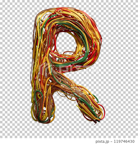 Vibrant Chaos: A Colorful Tangle of Wires Shaped Like an r 119746430