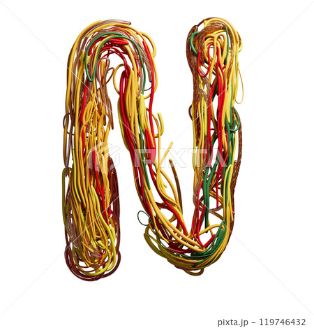 Vibrant Chaos: A Colorful Tangle of Wires Shaped Like an n 119746432