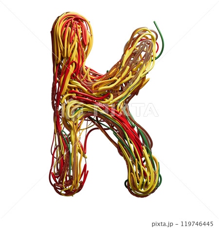 Vibrant Chaos: A Colorful Tangle of Wires Shaped Like an k 119746445