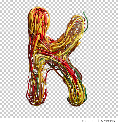 Vibrant Chaos: A Colorful Tangle of Wires Shaped Like an k 119746445