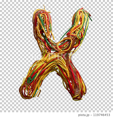 Vibrant Chaos: A Colorful Tangle of Wires Shaped Like an x 119746453