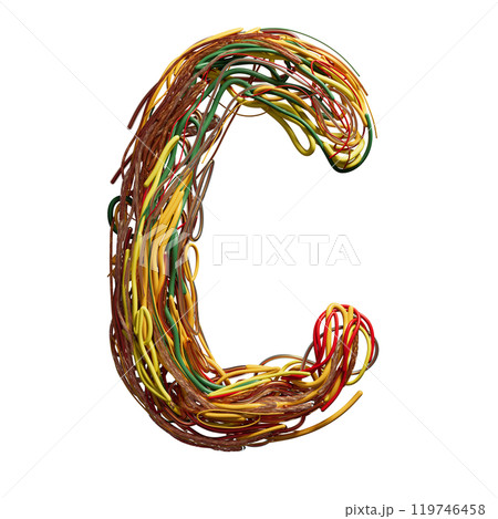Vibrant Chaos: A Colorful Tangle of Wires Shaped Like an c 119746458