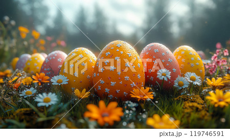 Two colorful Easter eggs with orange flowers, set in a vibrant, blooming meadow 119746591