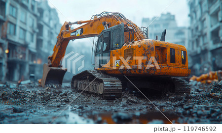 Rugged bulldozer on a muddy construction site, showcasing wear and tear against a gritty urban background 119746592