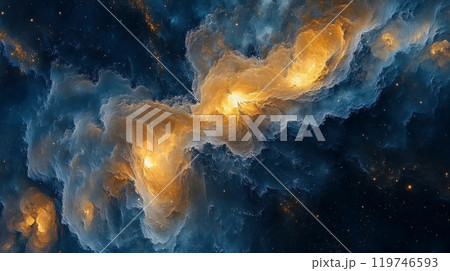 Brilliant cosmic scene with swirling blue nebula and golden gas trails, set in a star-studded universe 119746593