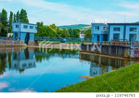 A small hydroelectric power plant in the city of Nitra in Slovakia. A small hydroelectric power plant in the city of Nitra in Slovakia. 119746765