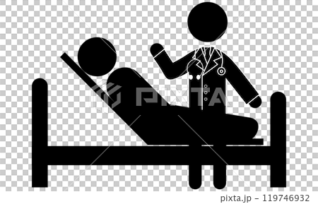 ベッドに横になっている患者の横で説明をしている医師のピクトグラム ベッドに横になっている患者の横で説明をしている医師のピクトグラム 119746932